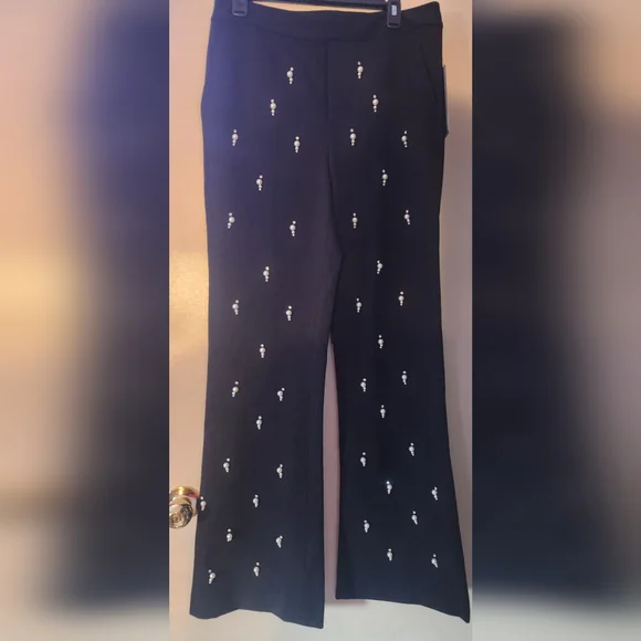 Karl Lagerfield Black Embellished Rhinestones & Faux Pearls Pants Sz 8 - Picture 3 of 12